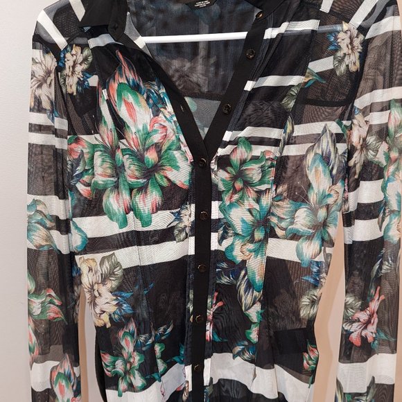 BEBE Black Sheer Mesh Chiffon Floral Shirt XXS - Picture 1 of 3